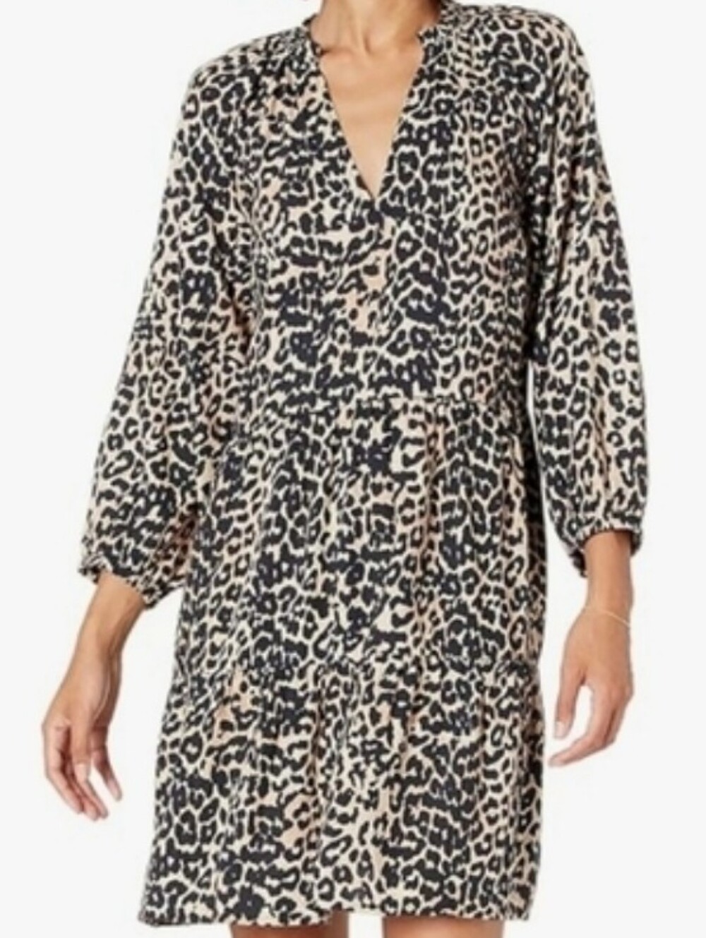 Leopard Print Long Sleeve V-Neck Dress in Beige and Black